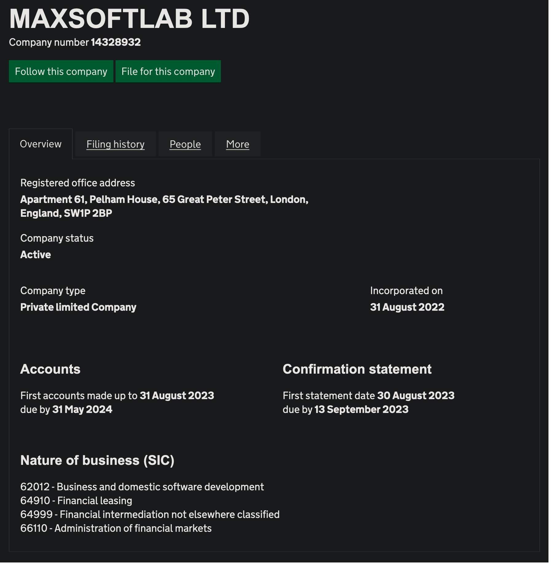 Companies House web servisinin ekran görüntüsü