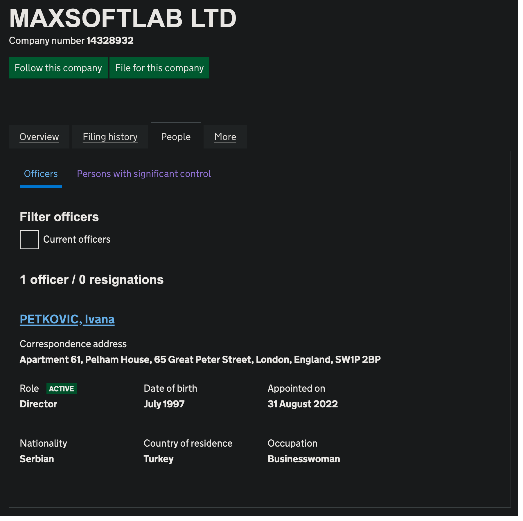 Companies House web servisinin ekran görüntüsü